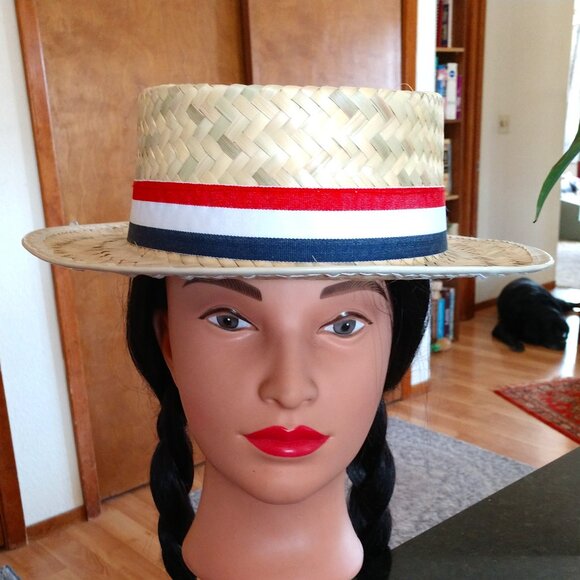 100% STRAW PANAMA PATRIOTIC SKIMMER BOAT HAT RED WHITE BLUE RIBBON WIDE BRIM - Picture 1 of 4